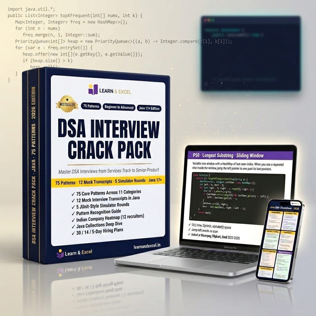 DSA Interview Crack Pack Java Edition — 75 patterns, 12 mock transcripts, 5 timed rounds, Java 17+, FY 2026-27