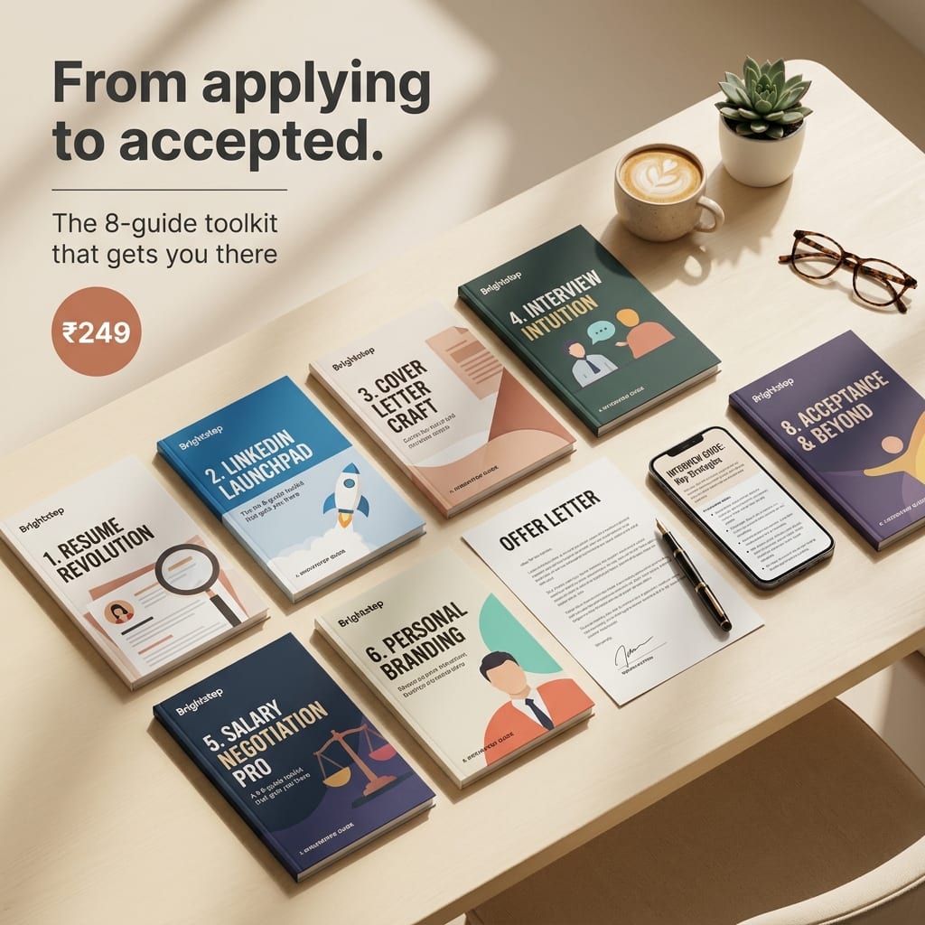 8 Brightstep job-search guides on a desk — Resume to first raise
