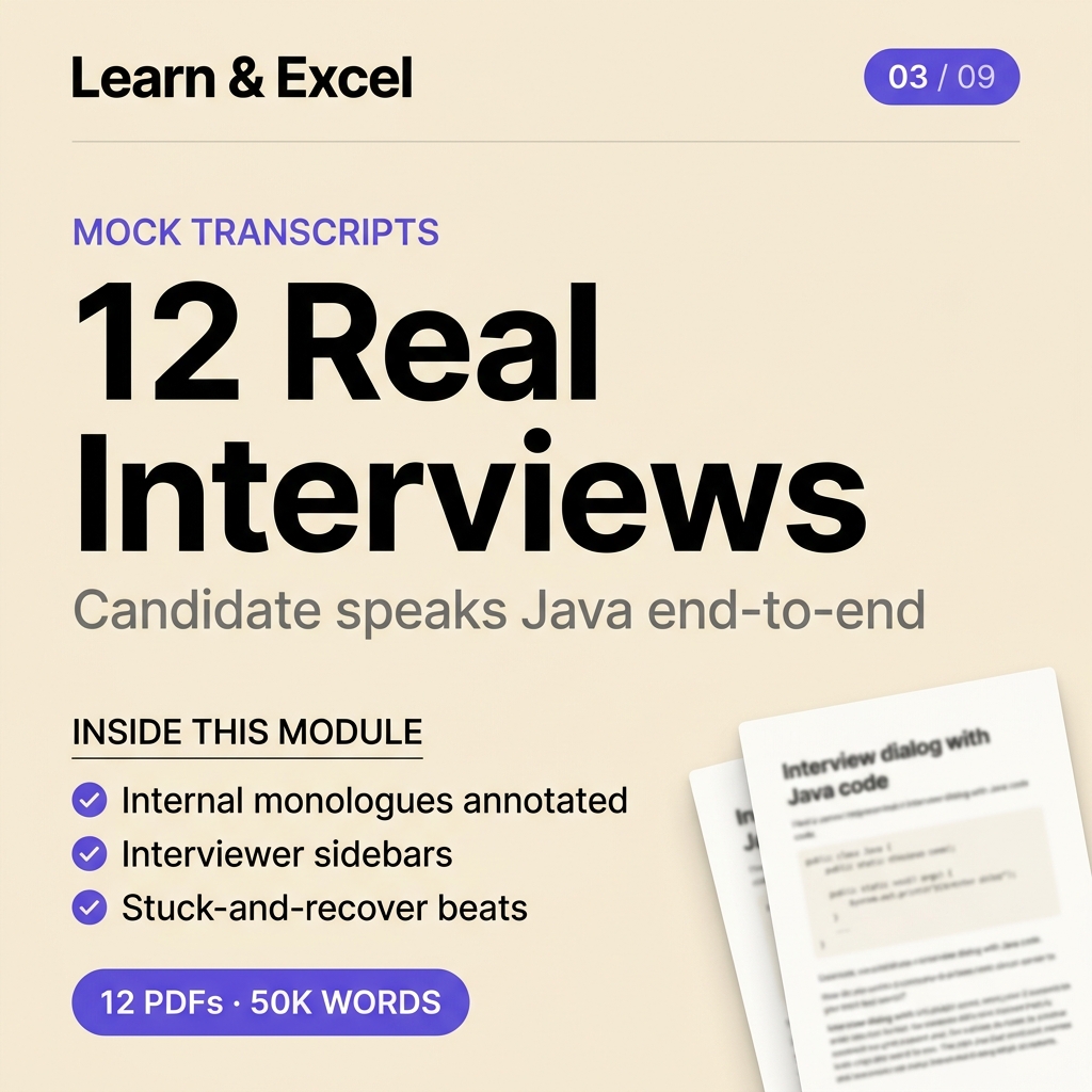 Module 03 — 12 Mock Interview Transcripts (the hero module) — deliverable card showing what's inside