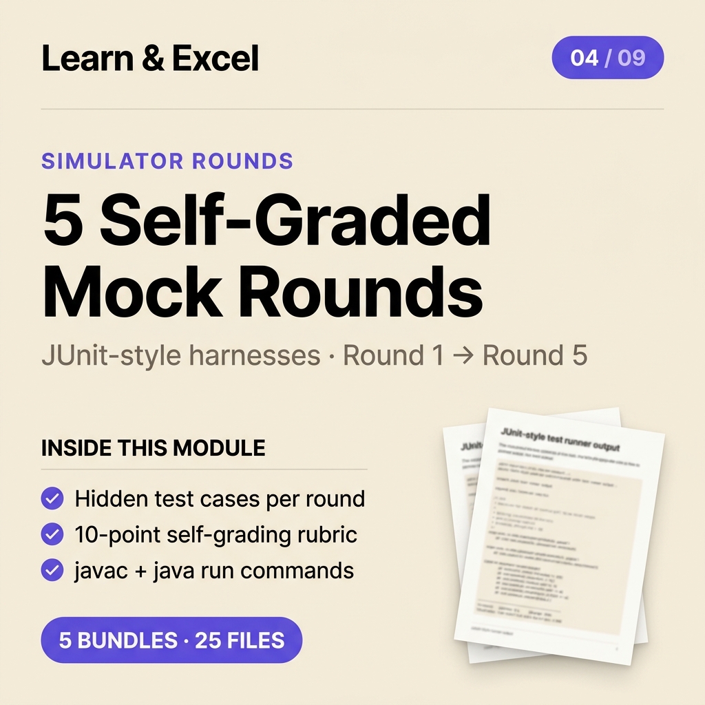 Module 04 — Mock Coding Round Simulator (5 timed rounds) — deliverable card showing what's inside