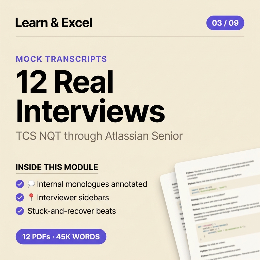 Module 03 — 12 Mock Interview Transcripts (the hero module) — deliverable card showing what's inside