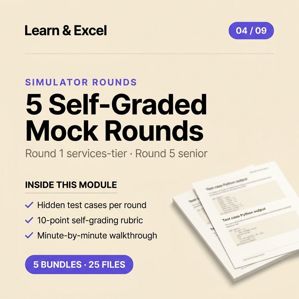Module 04 — Mock Coding Round Simulator (5 timed rounds) — deliverable card showing what's inside