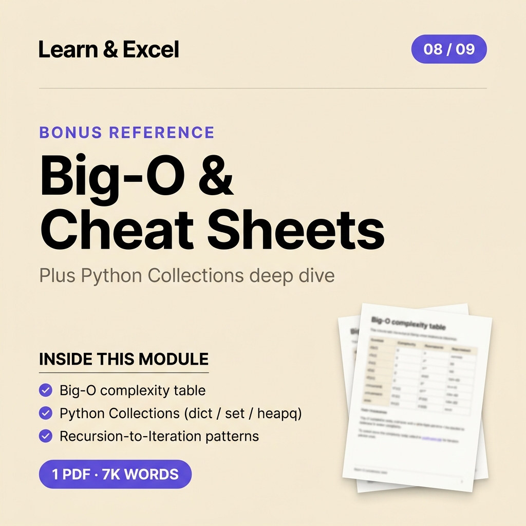 Module 08 — Bonus Cheat Sheets (quick references) — deliverable card showing what's inside