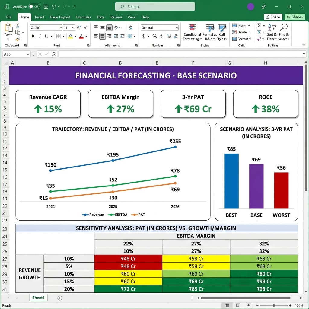 Financial Forecasting Model — Excel dashboard preview with KPI cards and charts