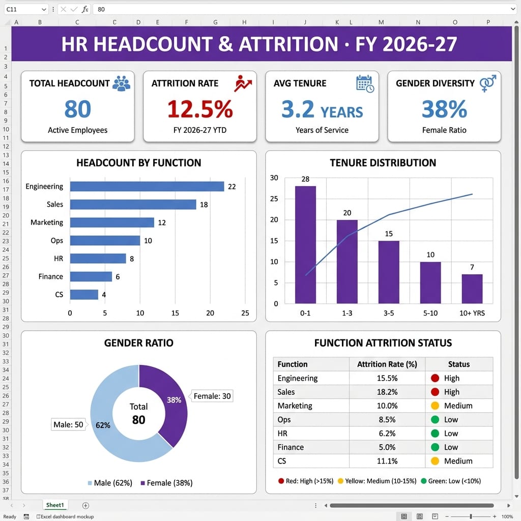 HR Headcount + Attrition Dashboard — Excel dashboard preview with KPI cards and charts