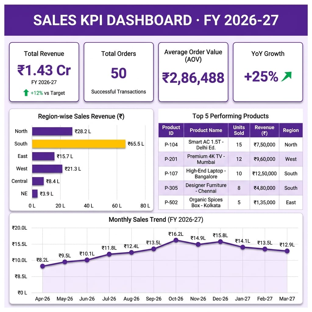 Sales KPI Dashboard — Excel dashboard preview with KPI cards and charts