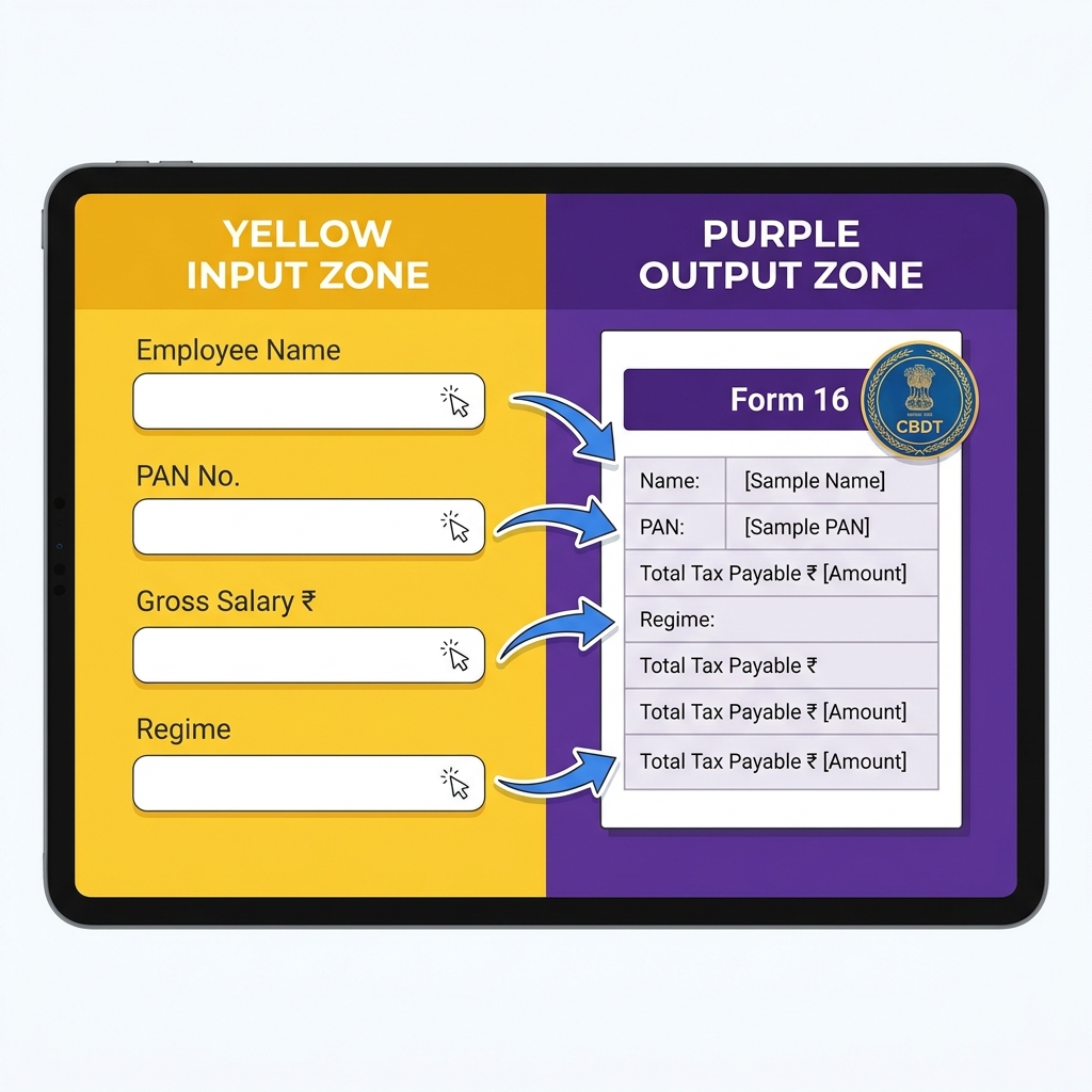 D10 Form 16 Part B — Excel template with yellow input cells and computed CBDT-format Form 16 output