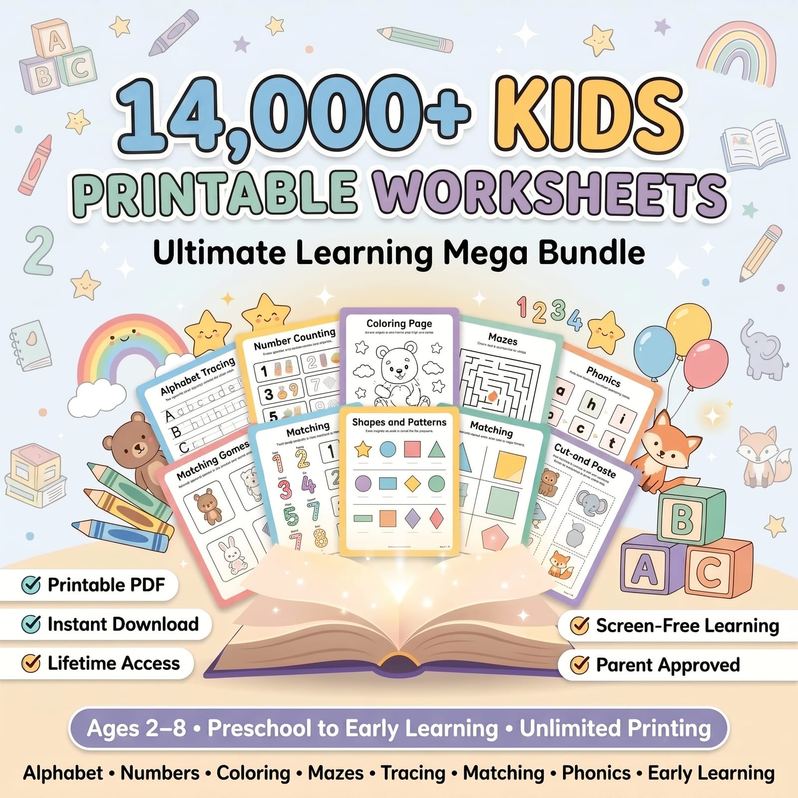 Sample worksheets from the Kids Printable Worksheets bundle